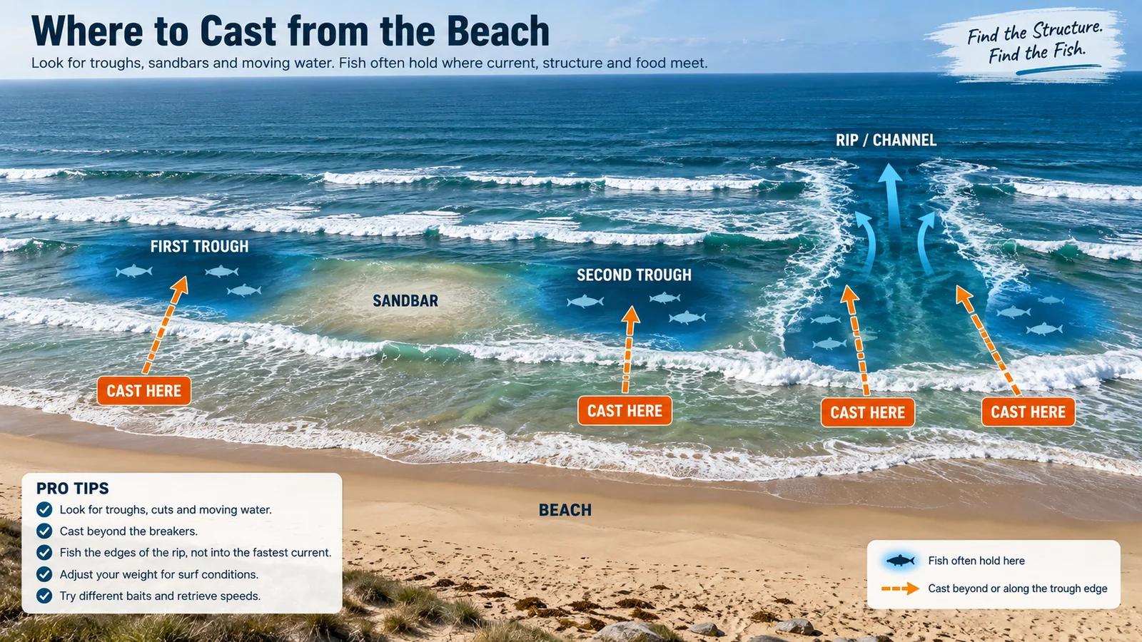 Visual guide showing surf fishing troughs, sandbar, rip channel, and suggested casting zones
