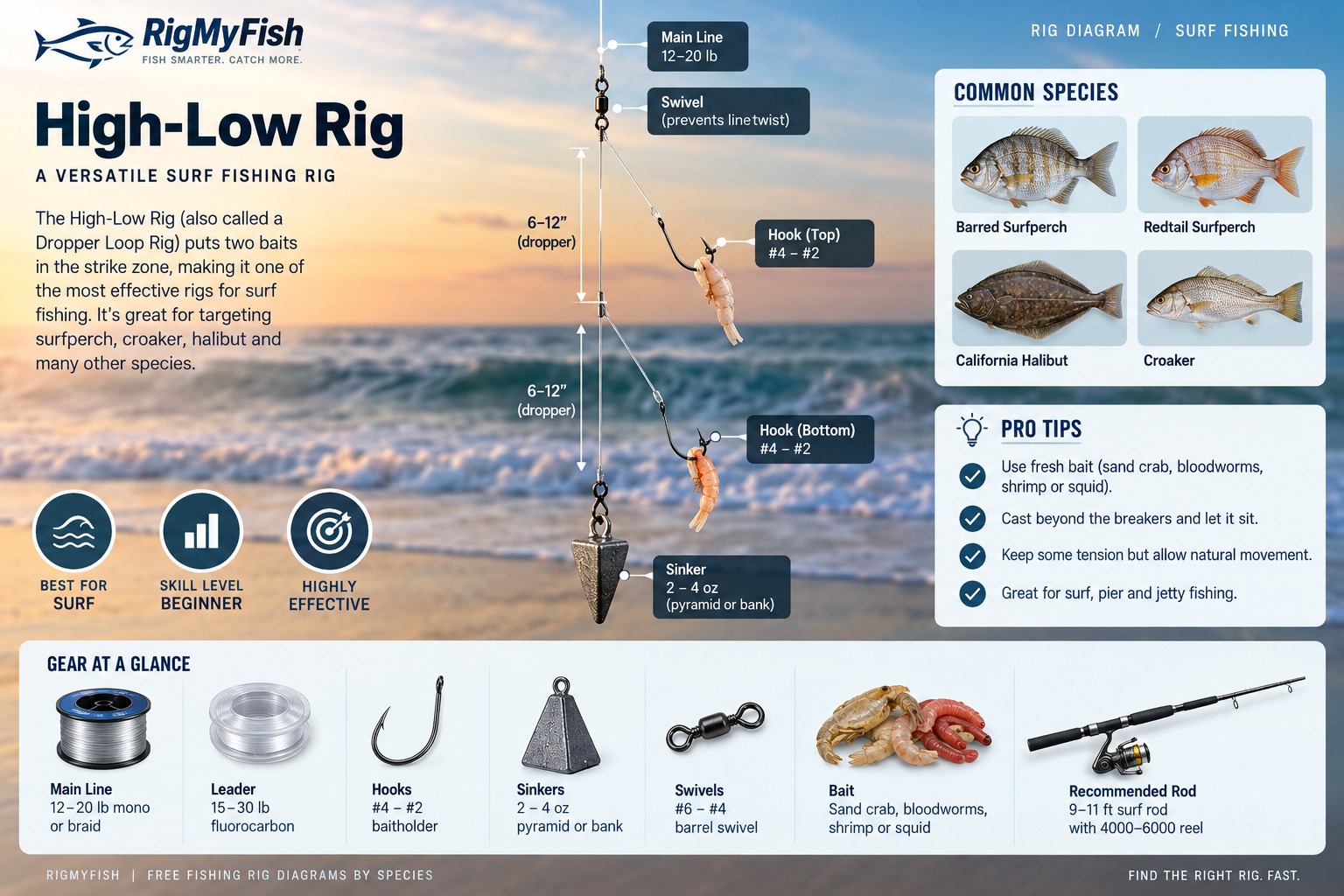 High-Low surf fishing rig visual guide showing line, swivels, hooks, sinker, bait, target species, and recommended tackle
