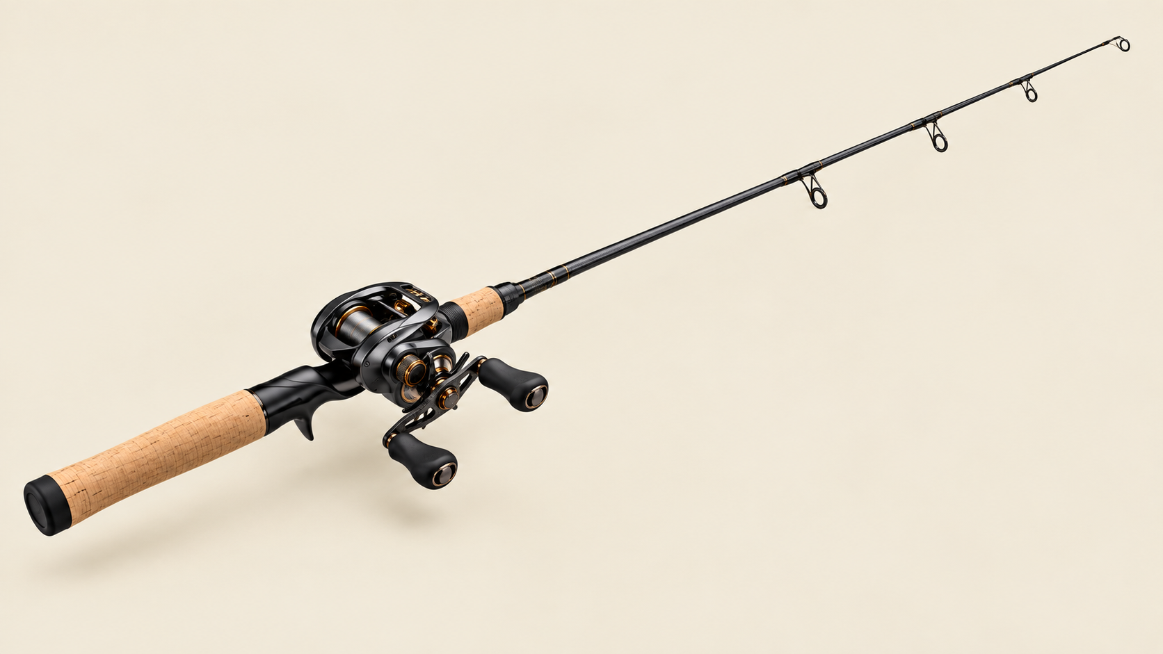 Realistic baitcasting rod and reel on a light neutral background
