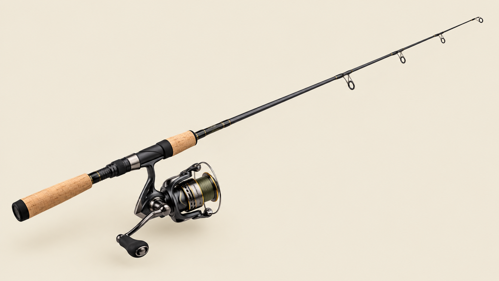 Realistic spinning rod and reel on a light neutral background